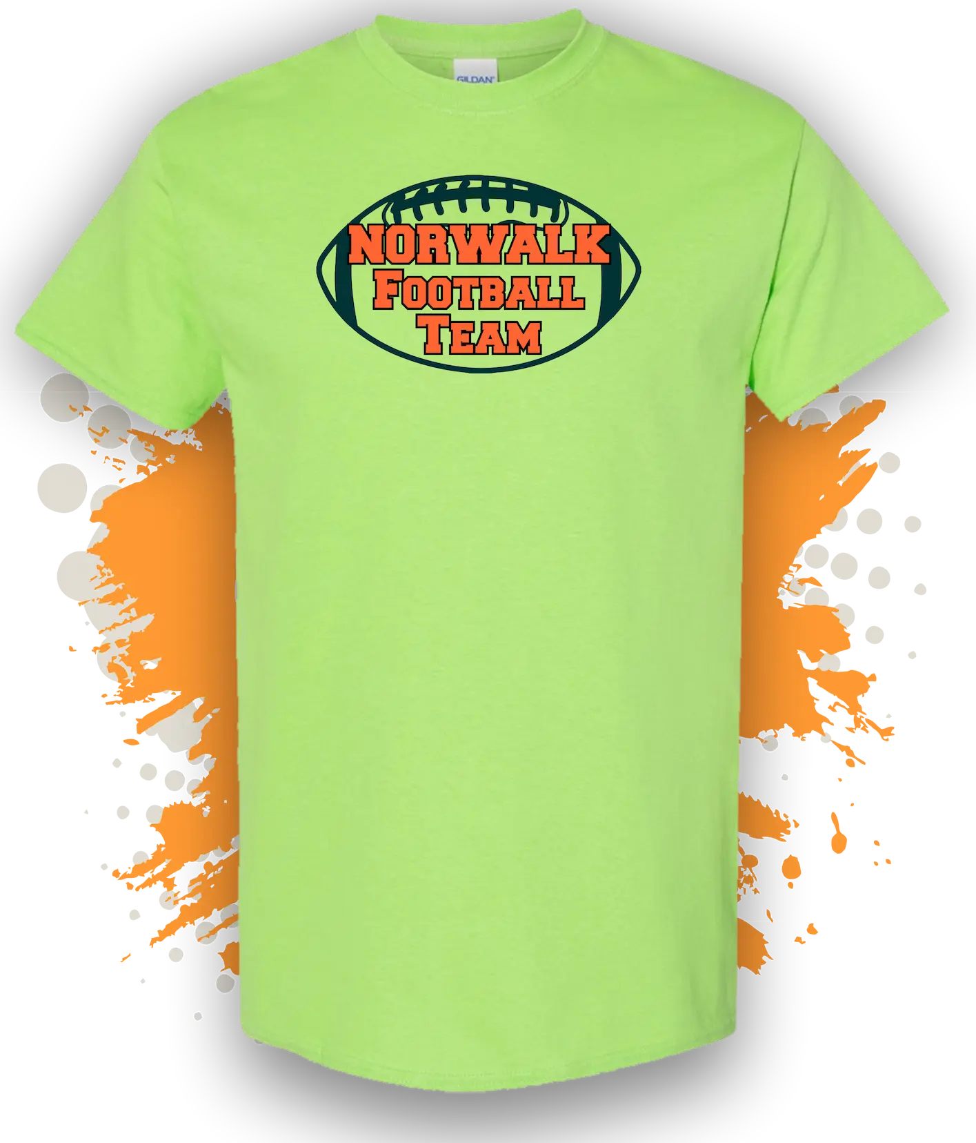 T-shirt Printing 54 » Pipil Print t shirt printing for norwalk football teams at Zimmerman Park Norwalk Arts Sports Complex football logo on neon green shirt » Pipil Print